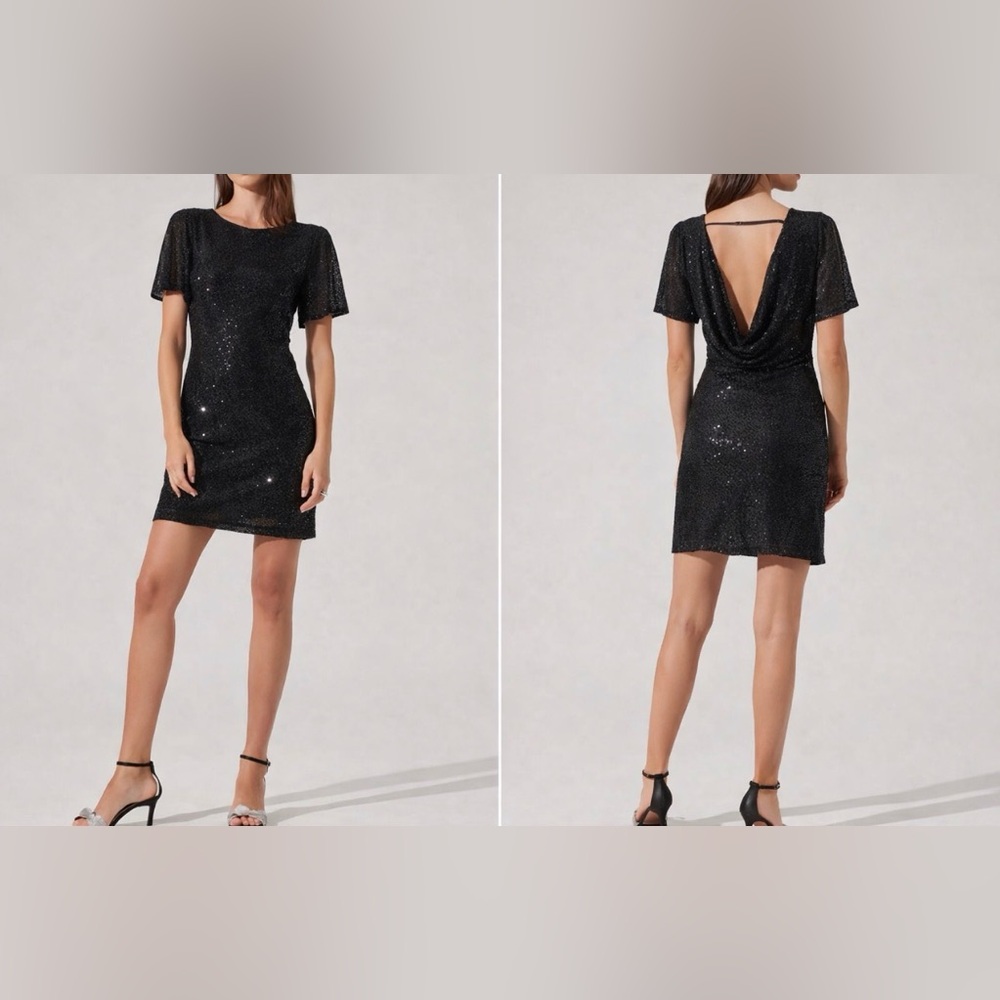 ASTR The Label Dress Womens Large Black Sequin Draped Back Party Club Holiday